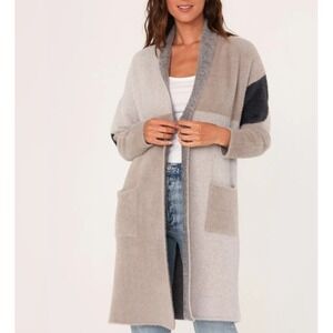 Love Stitch  Grey Abstract Block Print Long-sleeve Open Front Cardigan W/Pockets